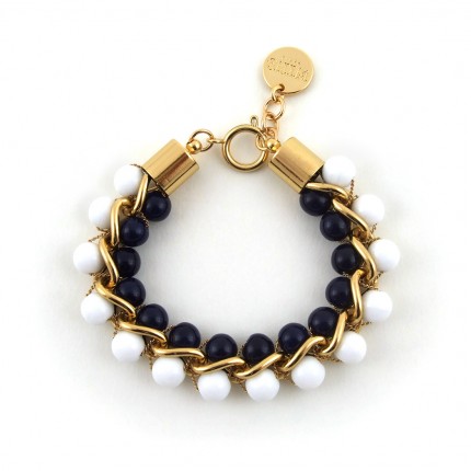 Bracelet doré or 18 k, perles de verre bleues et blanches