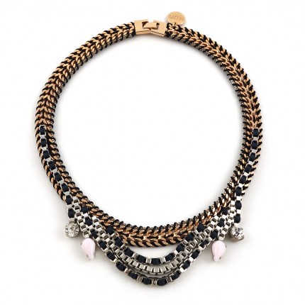 Collier chaîne, rubans, perles, cristal Swarovski